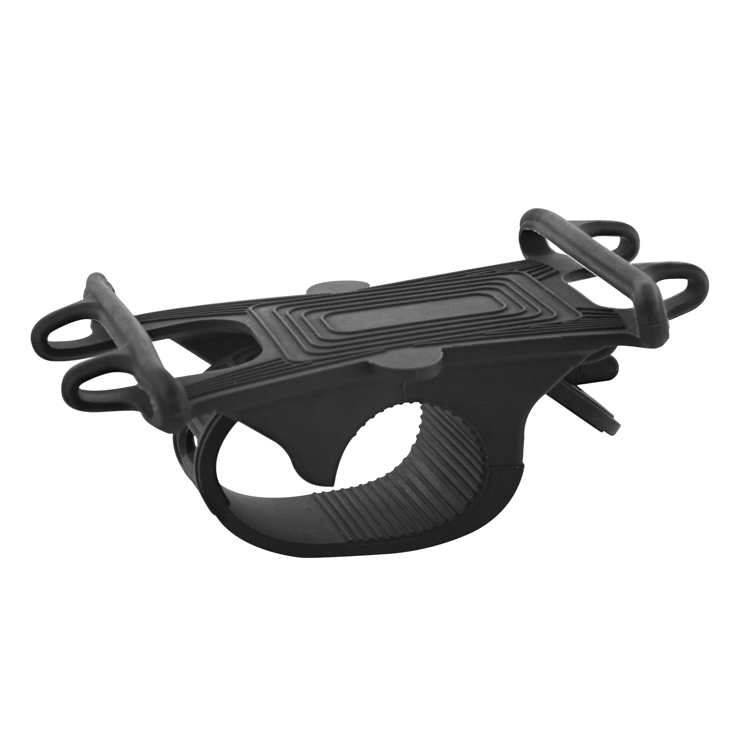 Black bike phone holder. It has a circular base and a strap for secure mounting.