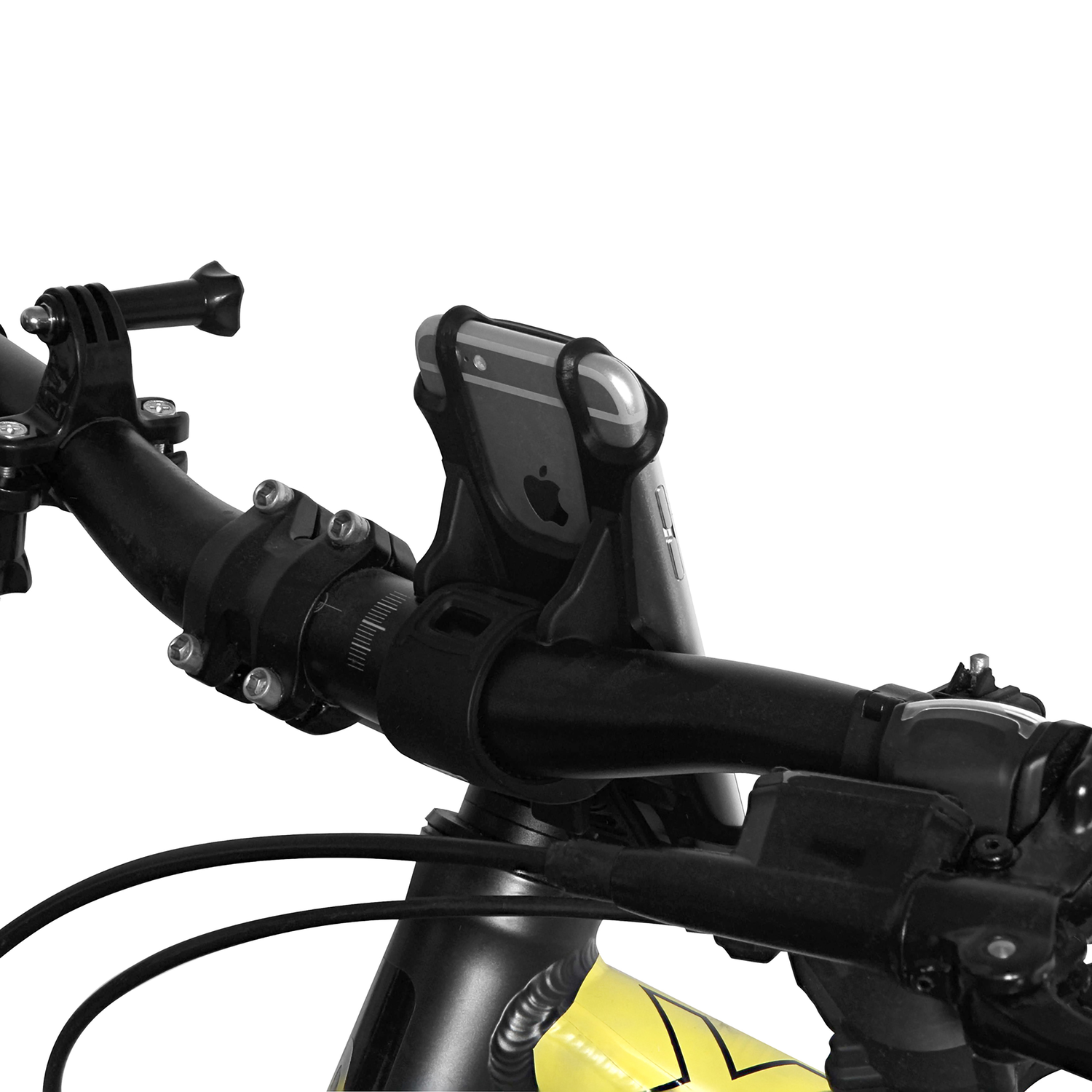 Bicycle handlebar with a phone mounted on it and a GoPro camera.