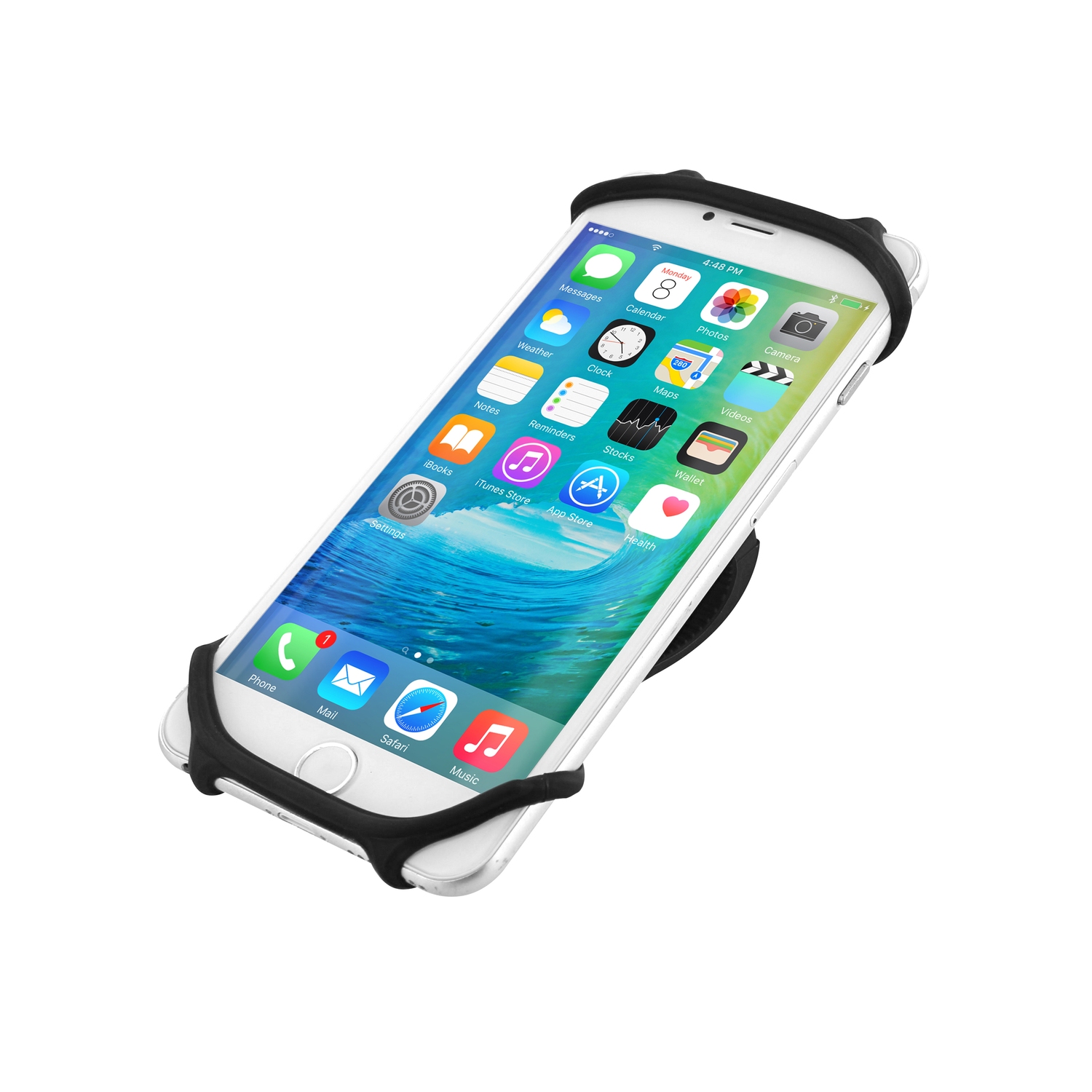 A white iPhone with a black phone grip on a white surface.
