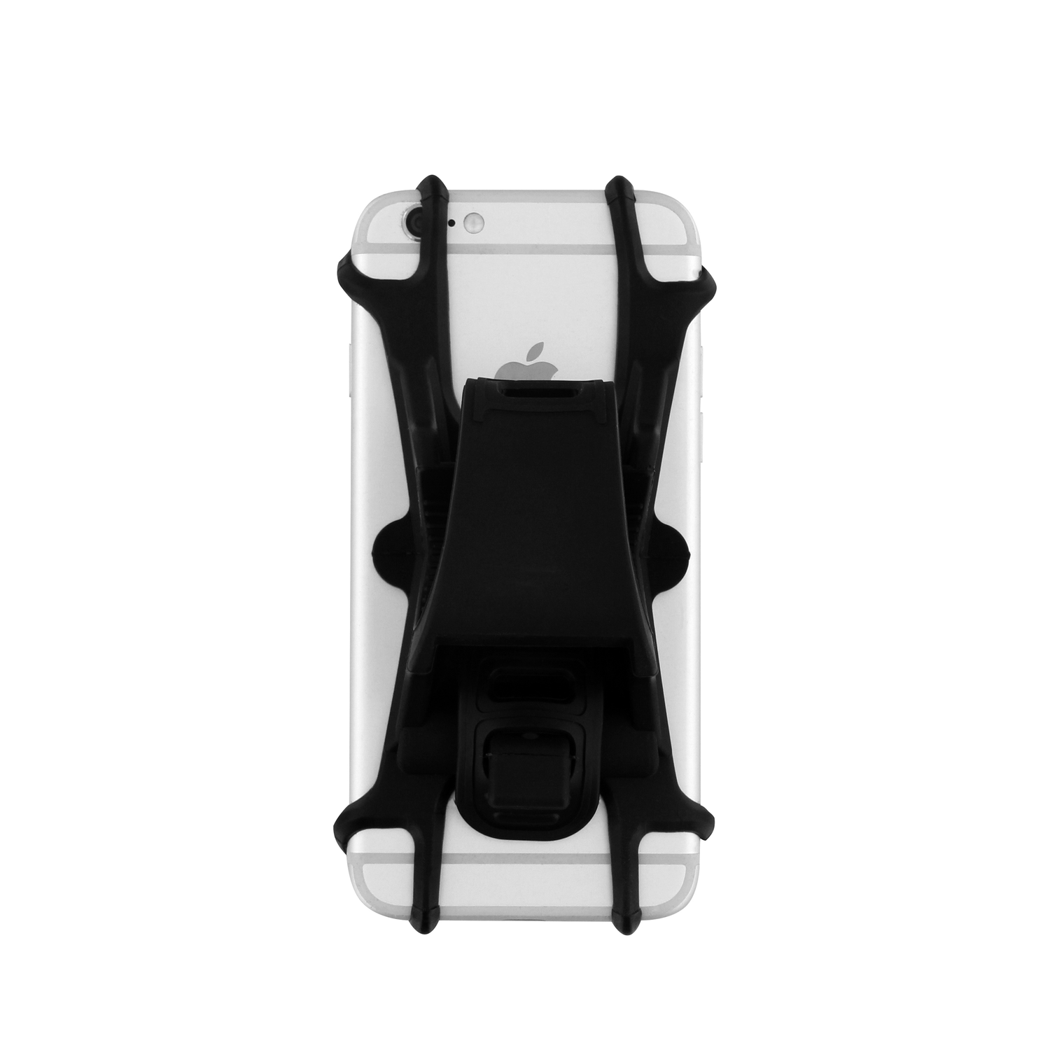 A phone in a black phone holder.