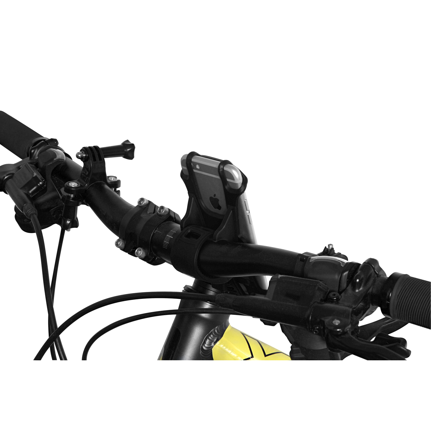 Bicycle handlebars with a phone holder and a camera mount. Black cables and a white background.