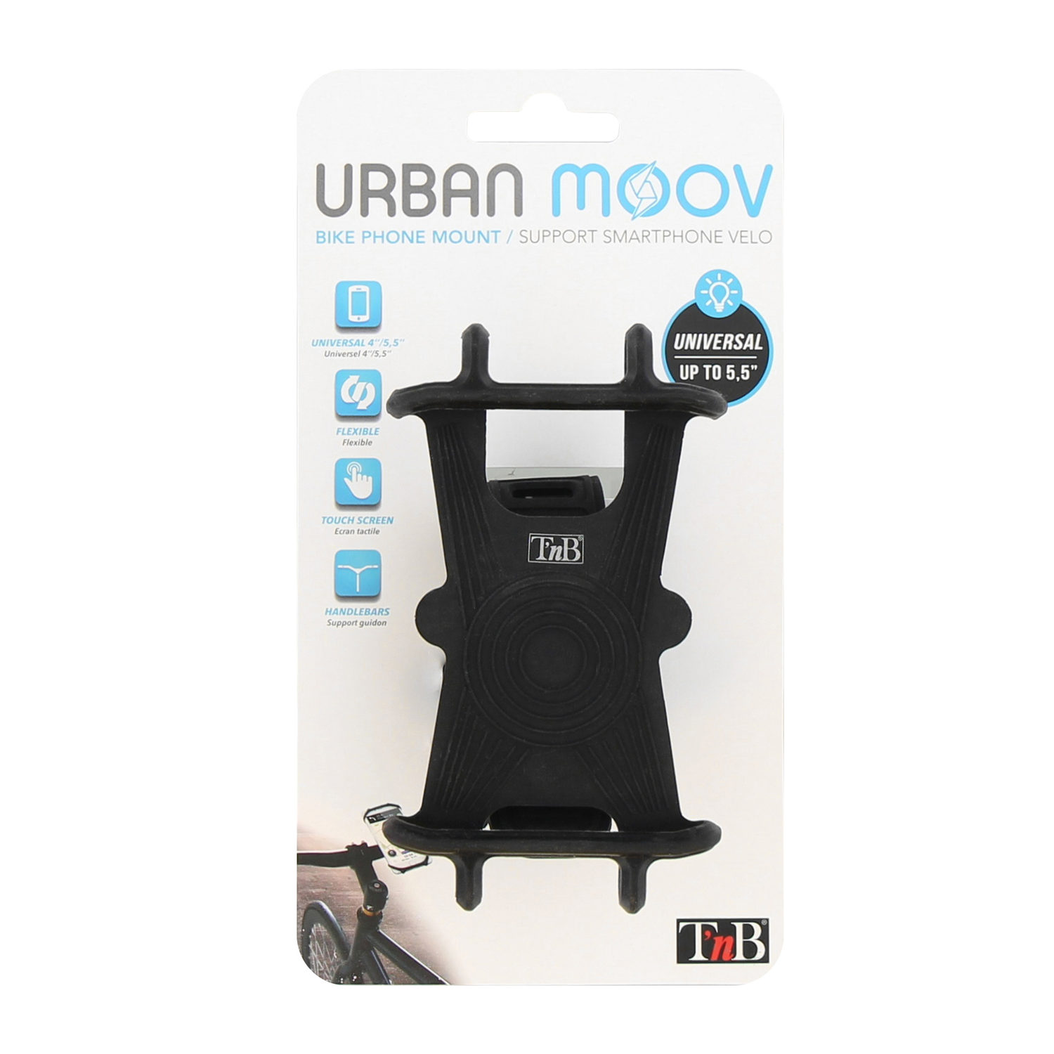 A black phone mount with text that says 'Urban Moov'. The mount is for a bike.