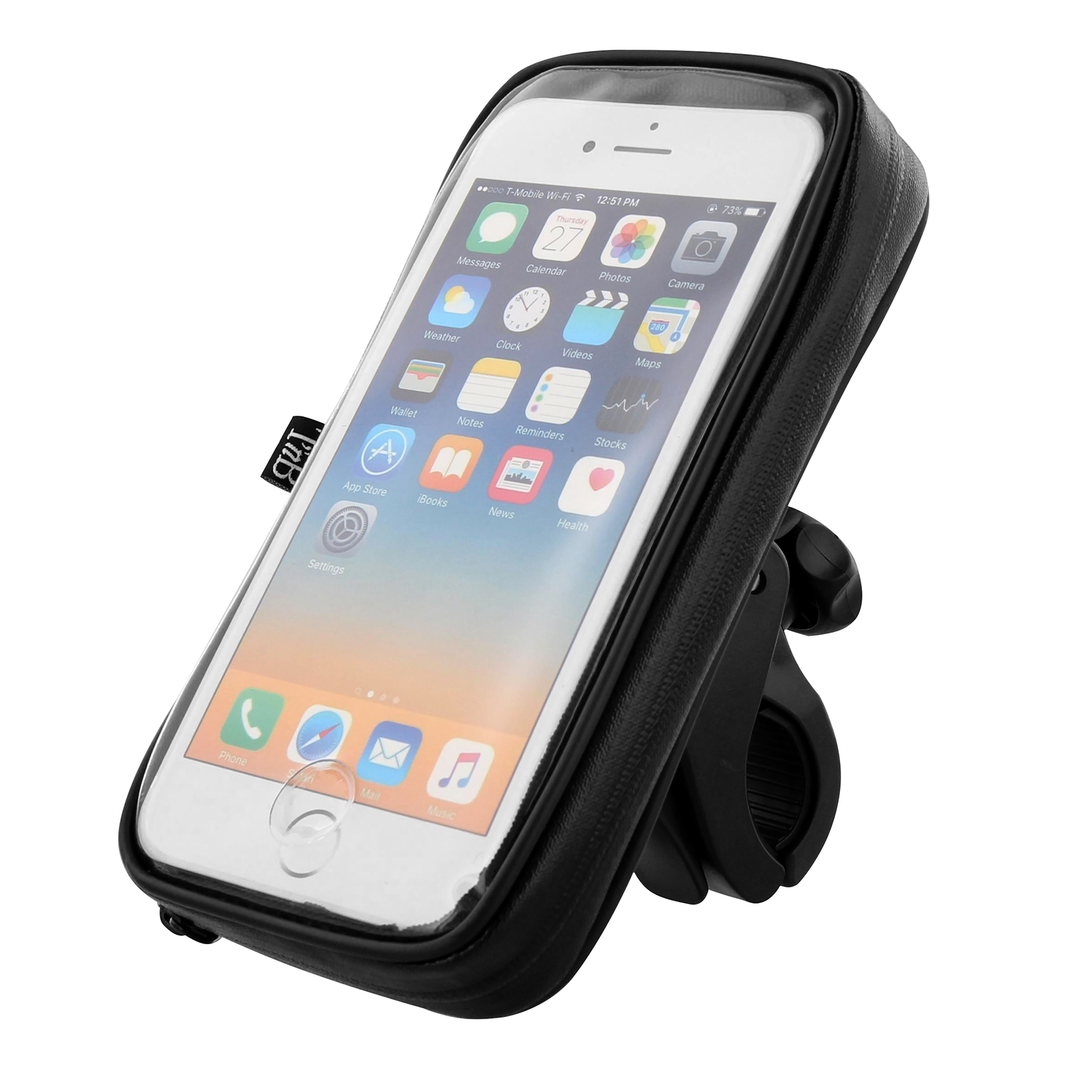 A smartphone in a black waterproof case attached to a bicycle handlebar.