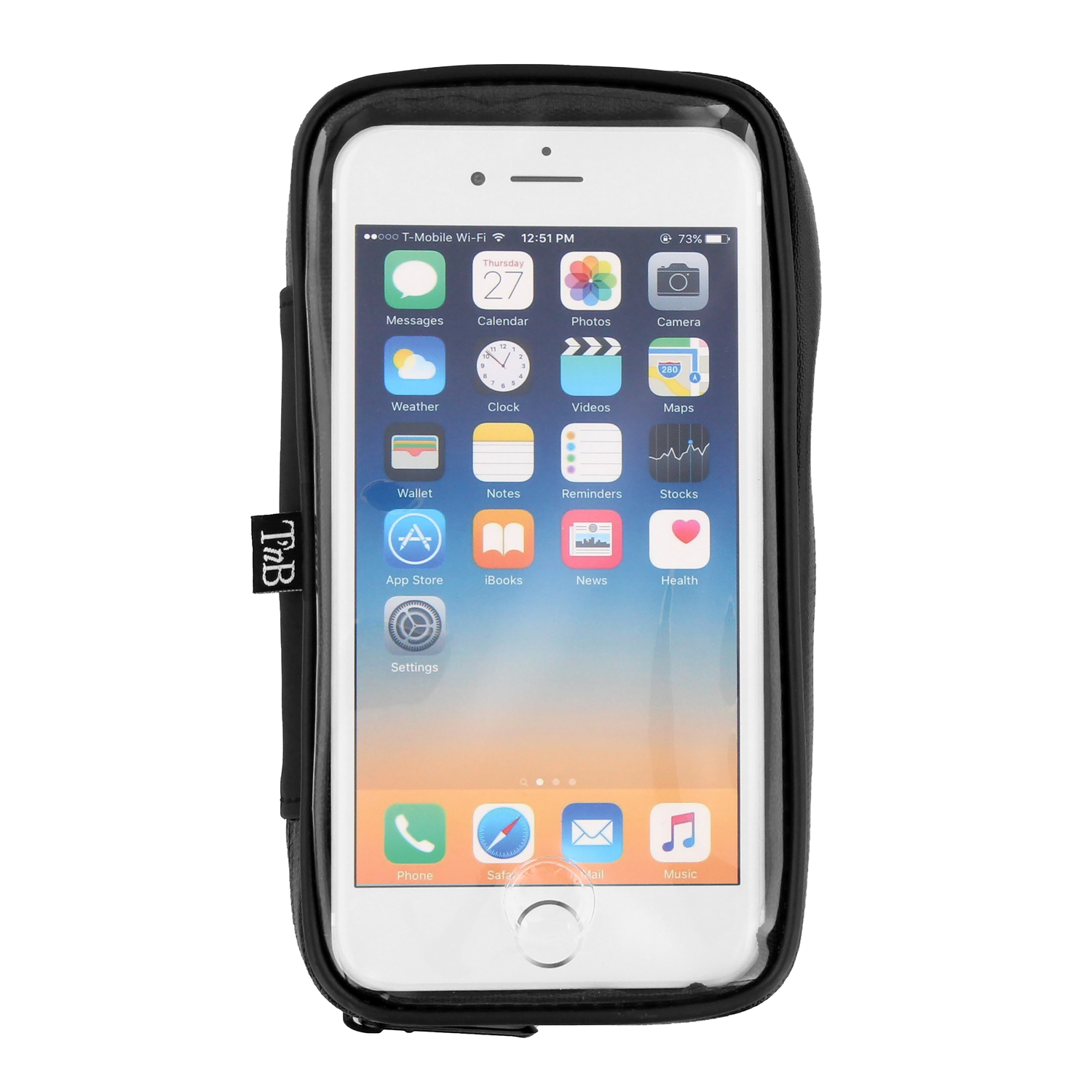 A smartphone in a protective case displays app icons. The case is black.