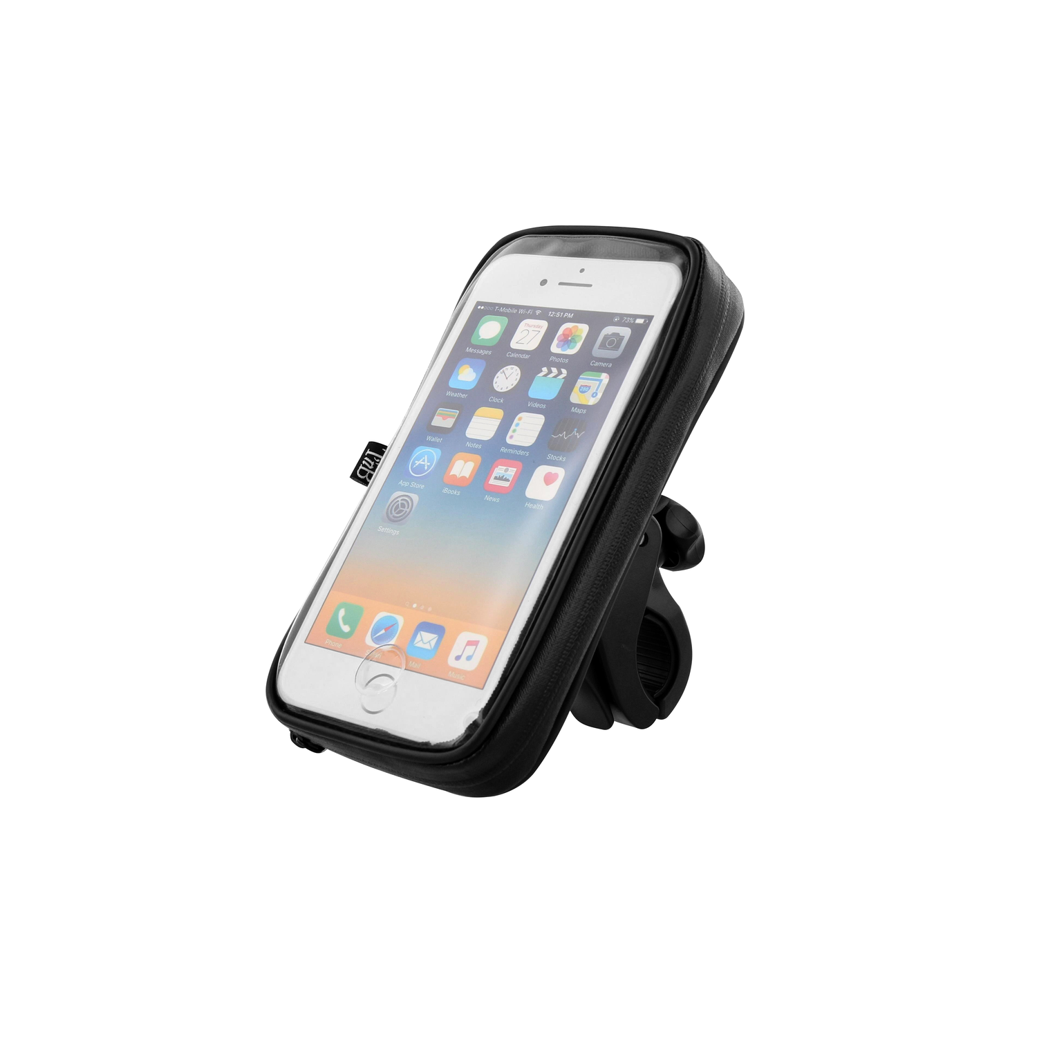 A smartphone inside a black waterproof case, mounted on a bicycle handlebar.