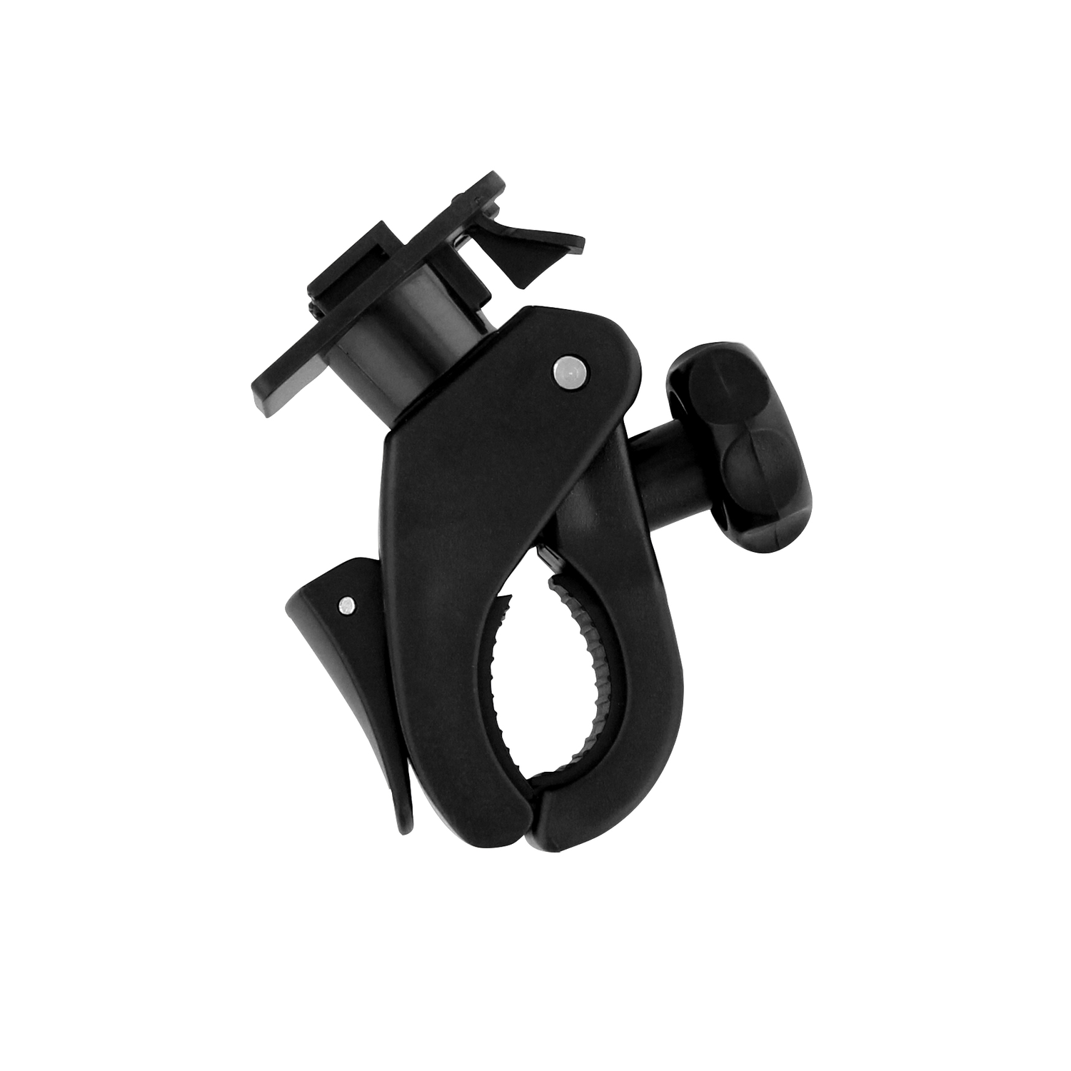 Black bicycle clip on a white background. The clip is open.