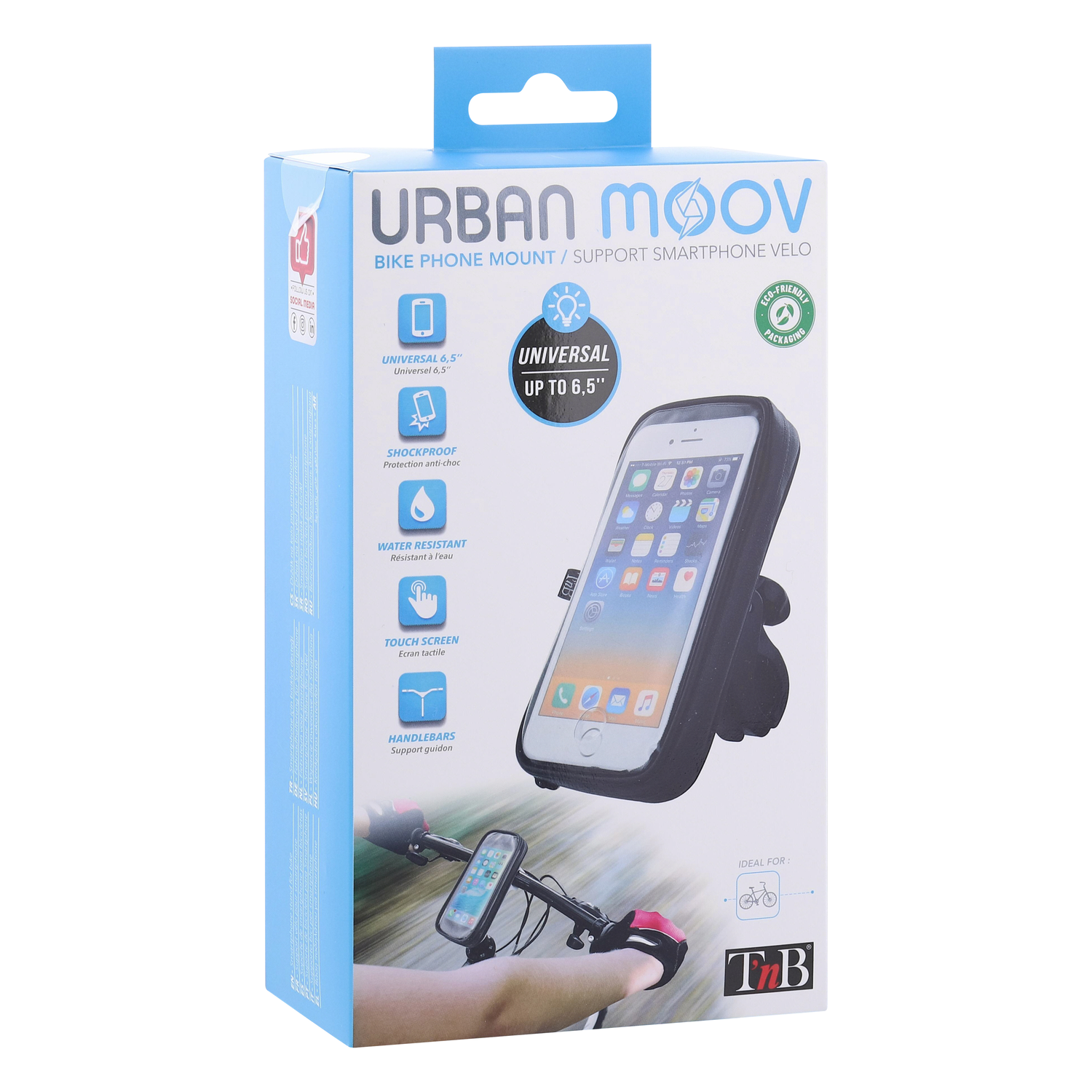 Box with a phone holder for bikes. Illustration of a phone with apps and text.