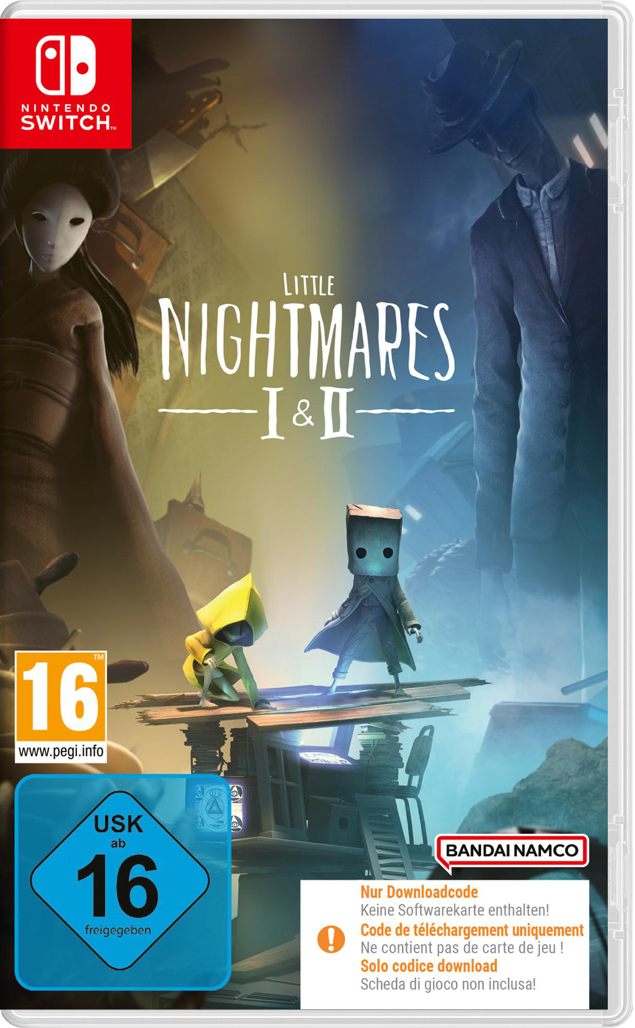 Little Nightmares I & II-Spielcover. Charaktere in gruseliger Umgebung. Textüberlagerung.