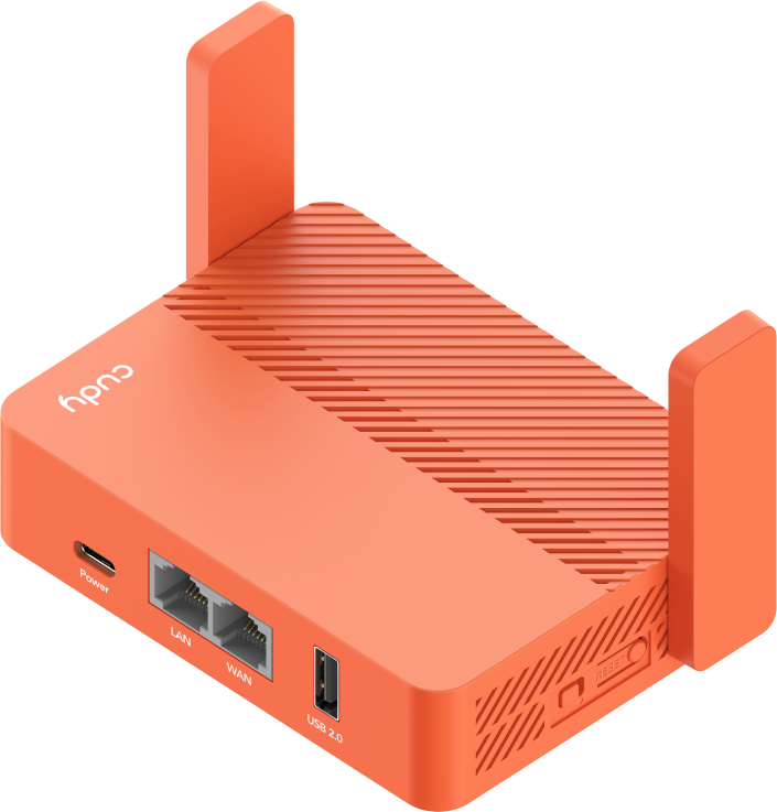 Narancssárga router antennákkal és portokkal, fekete háttéren.
