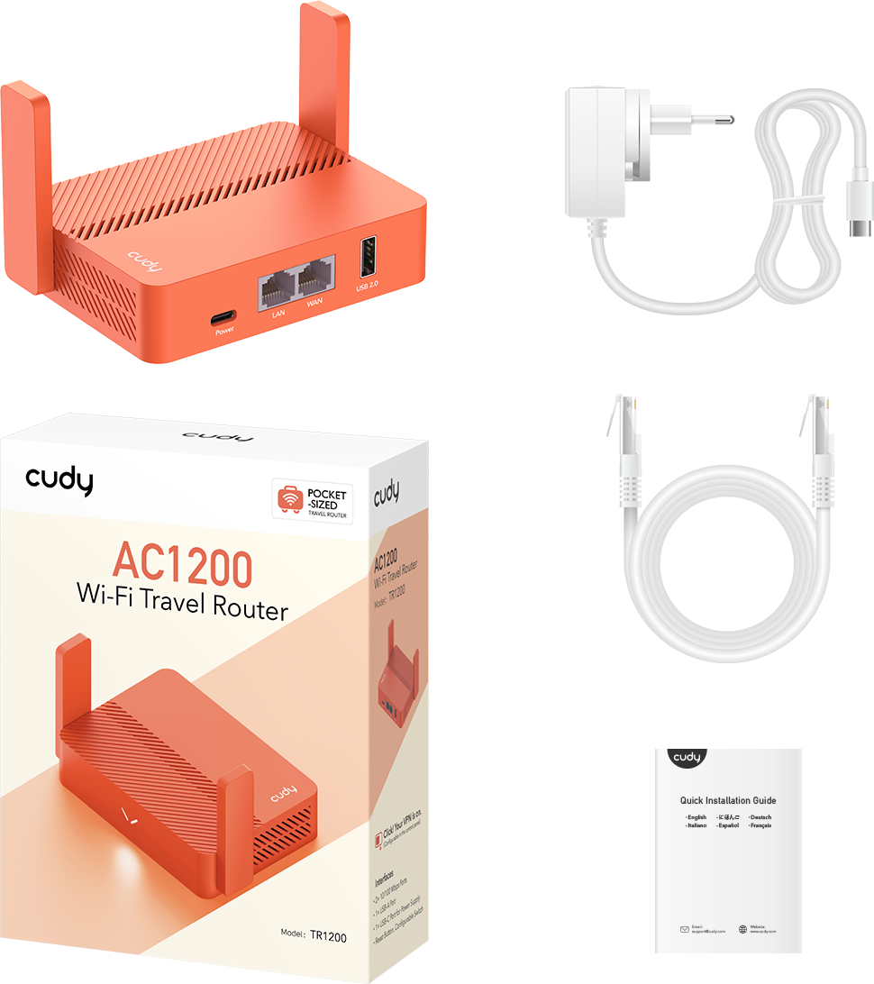 Narancssárga Cudy AC1200 Wi-Fi úti router tartozékokkal.