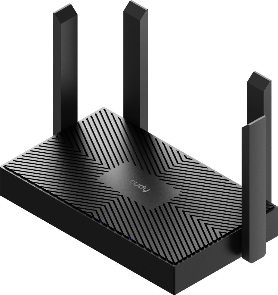 Fekete router négy antennával sötét háttéren, felülnézet.