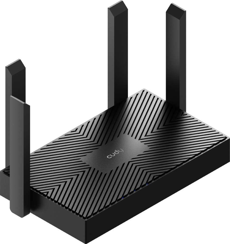Fekete router négy antennával, fekete felületen.