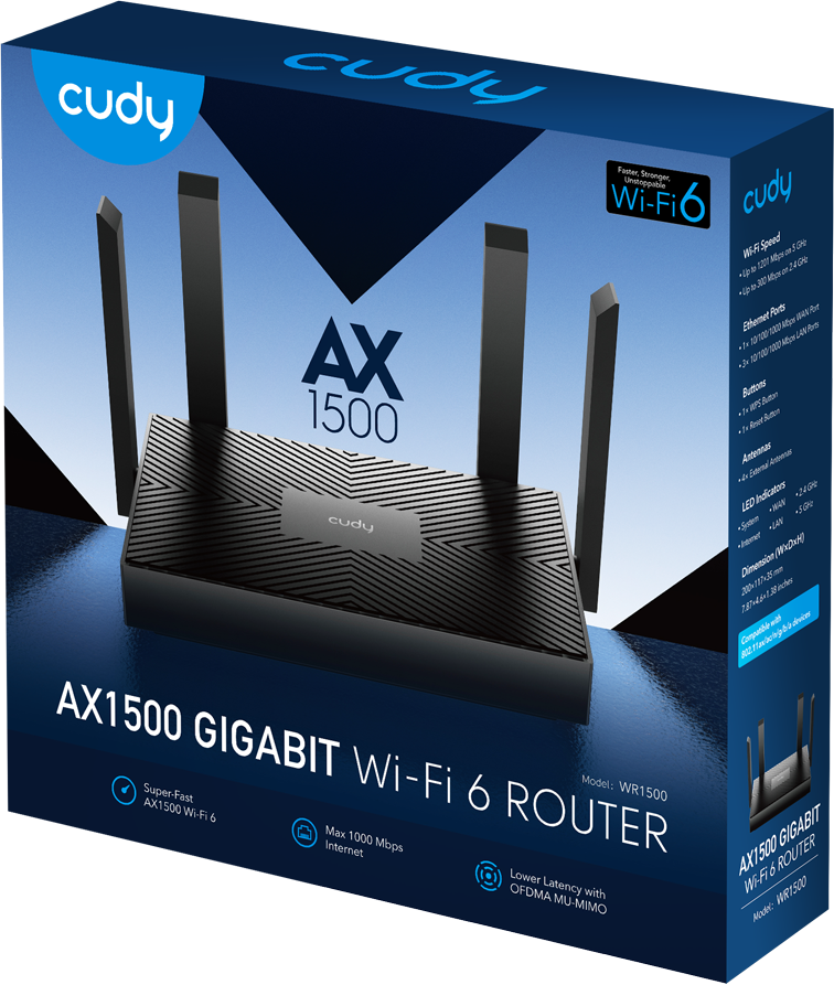 Wi-Fi 6 router antennákkal és doboz, amelyen az 'AX1500 Gigabit Wi-Fi 6 Router' felirat szerepel.