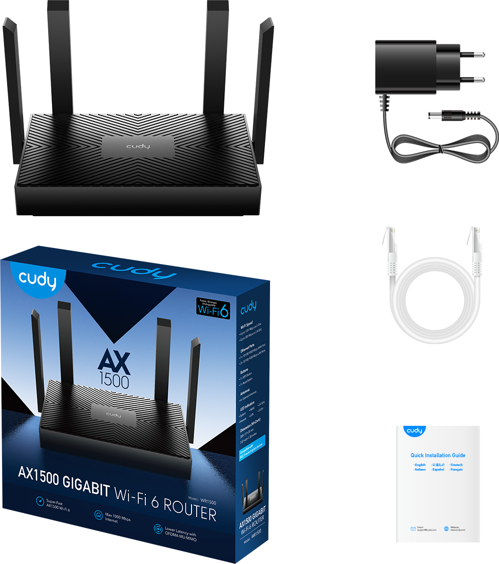 Fekete router, hálózati adapter, fehér kábel és telepítési útmutató fehér háttéren.