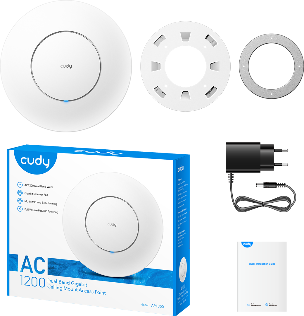 Fehér cudy kétsávos wifi router és tartozékai. Doboz, adapter és útmutató látható.