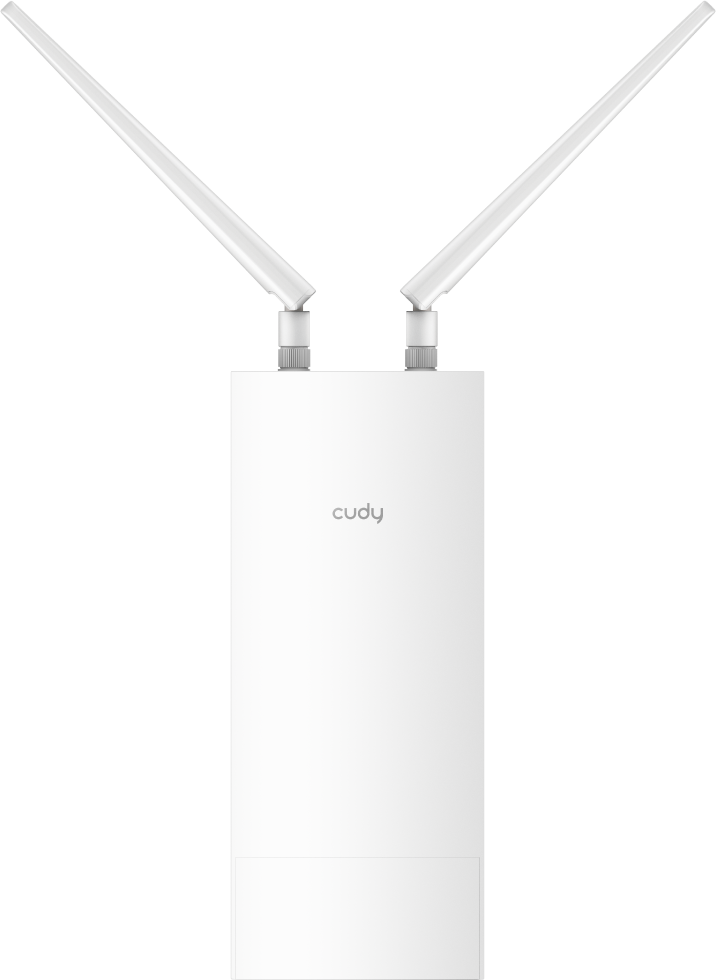 Fehér kültéri cudy router két antennával.