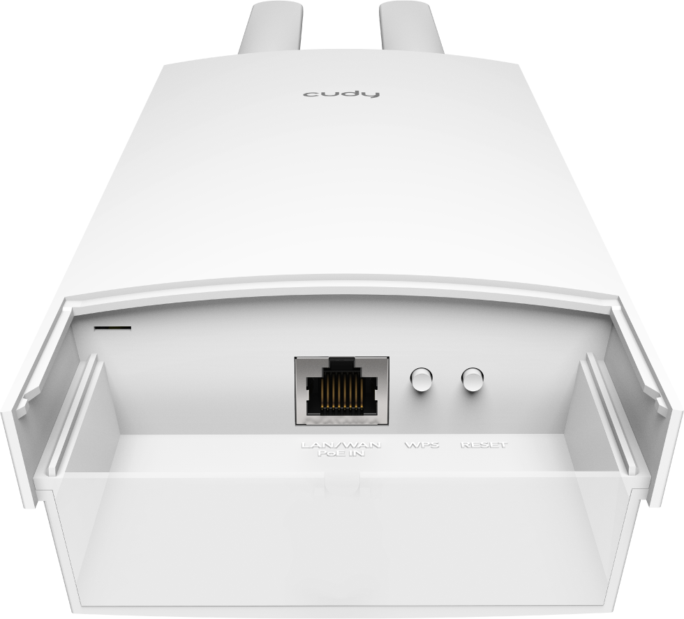 Fehér Cudy router. Van egy LAN/WAN portja, WPS gombja és reset gombja. A tetején 2 antenna van.