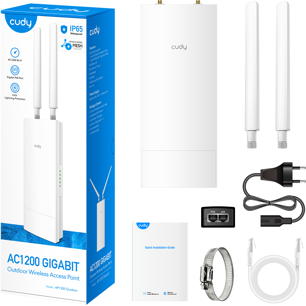 Egy Cudy AC1200 Gigabit kültéri vezeték nélküli hozzáférési pont tartozékokkal fehér háttéren.
