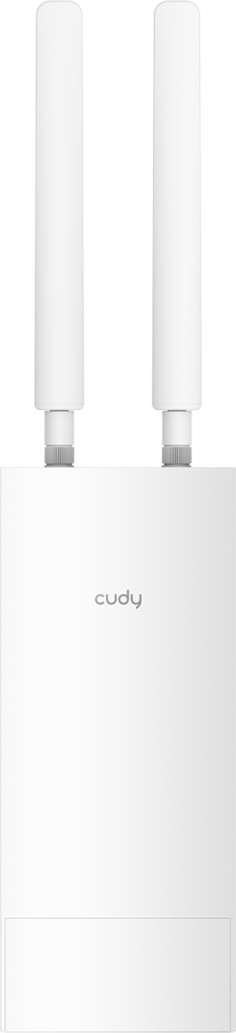 Fehér router két antennával és egy alappal. A cudy logója látható.