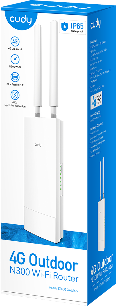 Fehér Cudy 4G kültéri router egy dobozban. Két antennája és specifikációs címkék vannak rajta.