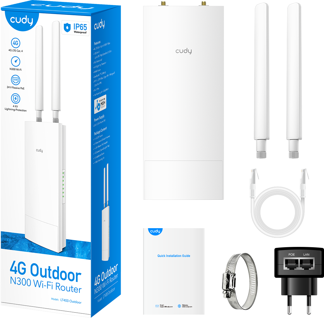 Fehér 4G kültéri router dobozzal, antennákkal, kábelekkel és POE adapterrel. Szöveg a dobozon: 4G Outdoor N300 Wi-Fi router.