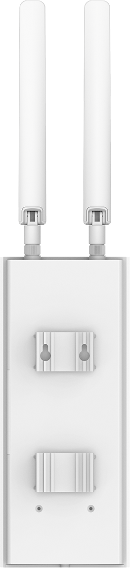 Fehér kültéri cudy router hátulnézete két antennával és rögzítőkonzolokkal.