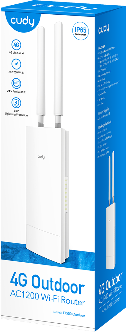 Fehér router dobozban. Szöveg: 4G Outdoor AC1200 Wi-Fi Router.