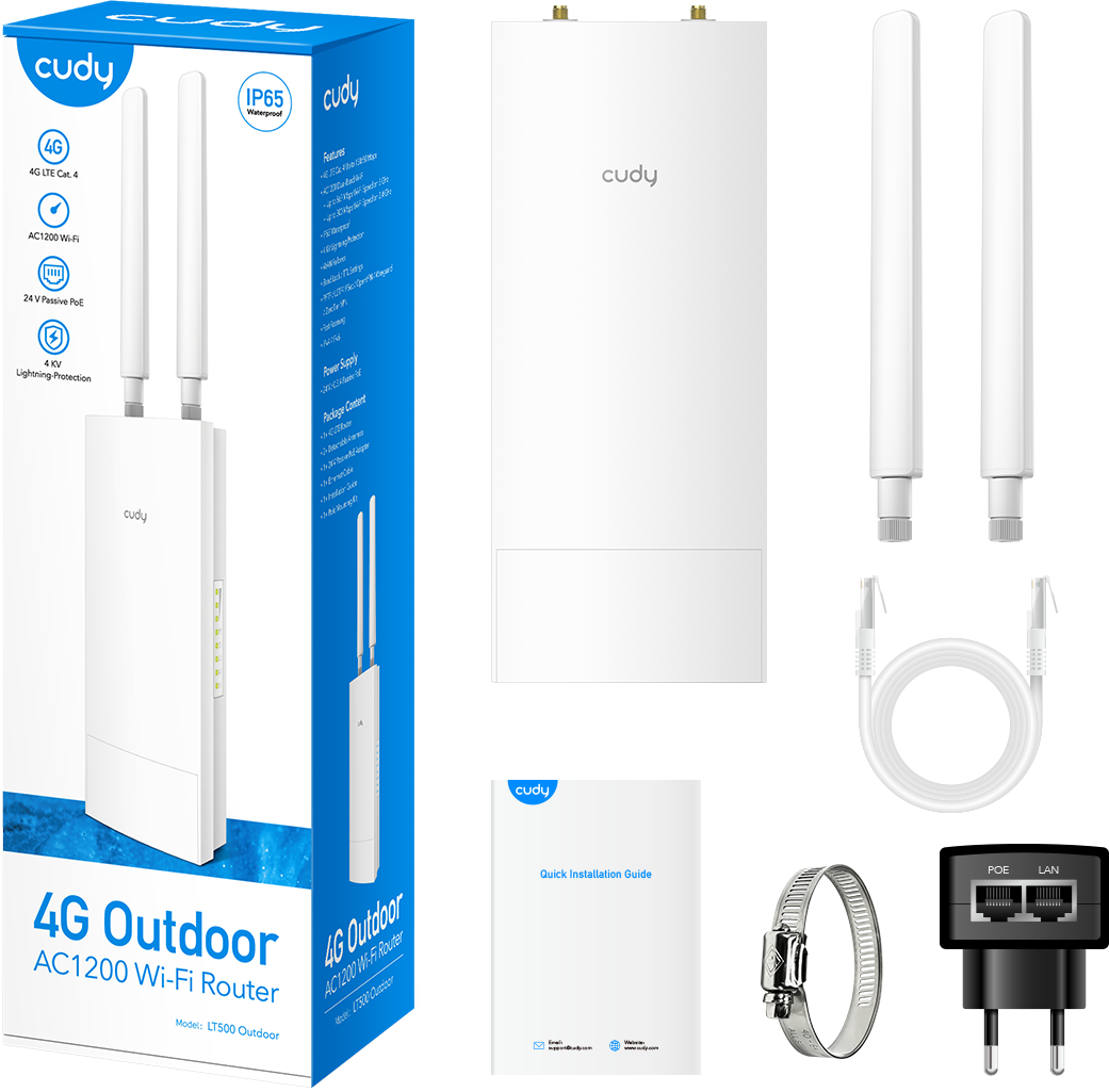 Egy kültéri router látható a dobozával és a tartozékaival. A router fehér, két antennával.