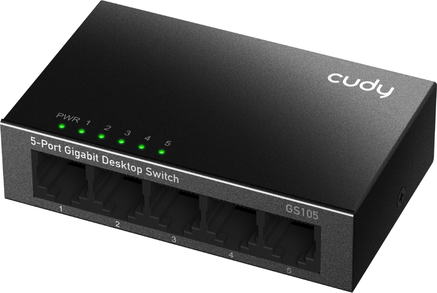 Fekete 5-portos Gigabit asztali switch. Zöld lámpák. Fekete háttér.