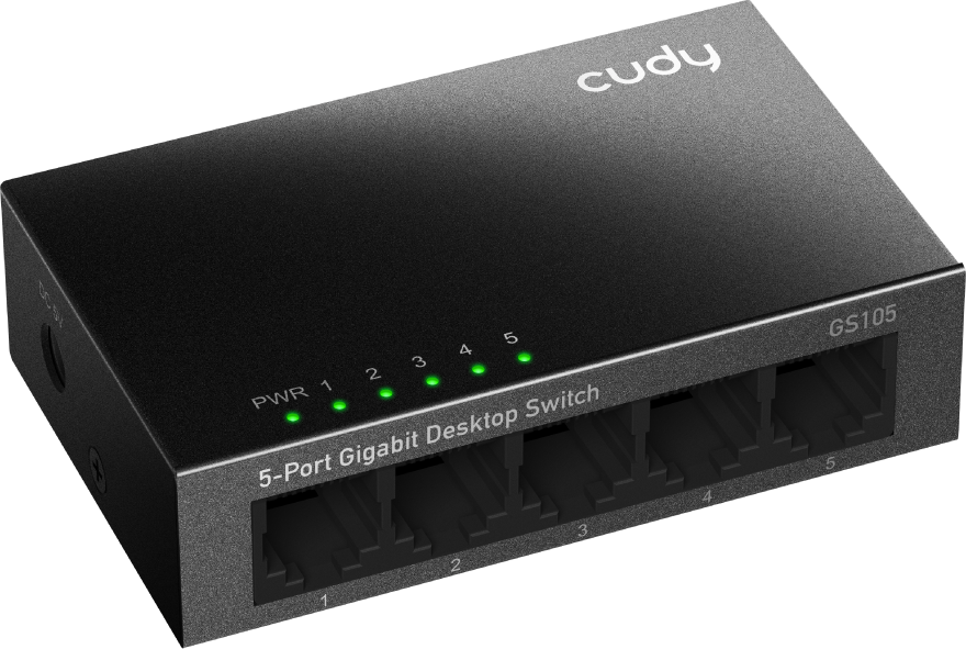 Fekete 5 portos Gigabit asztali switch felcímkézett portokkal és bekapcsolásjelzővel.