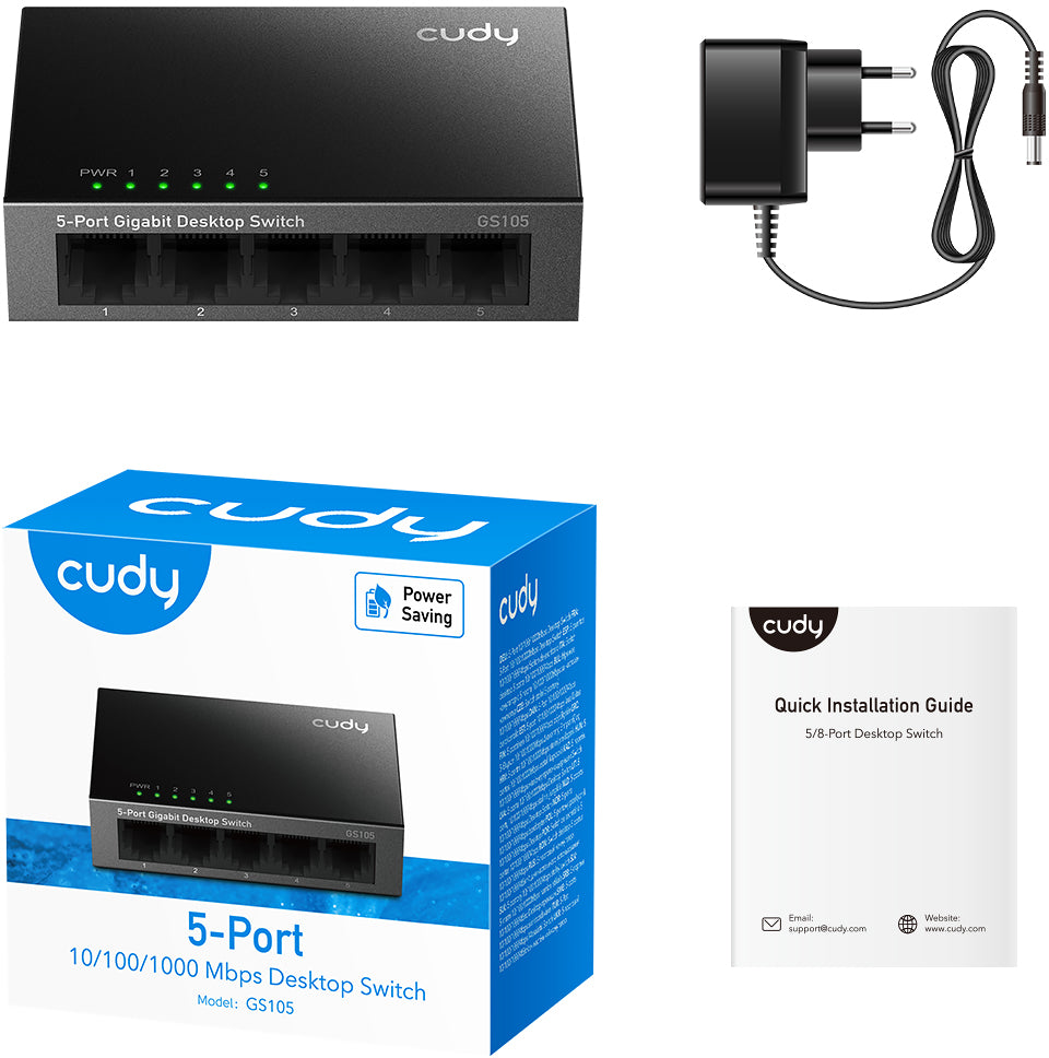 Egy hálózati kapcsoló és egy hálózati adapter látható. A kapcsolón 5 port van. Doboz és telepítési útmutató is.