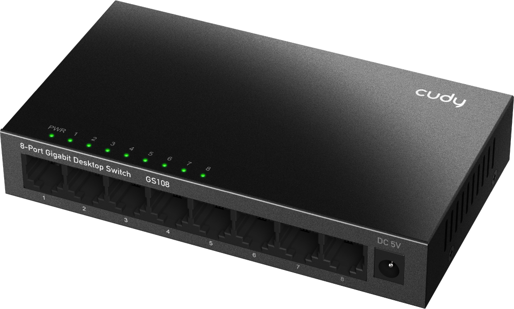 Fekete 8 portos Gigabit asztali switch, táp- és portaktivitás jelzőfényekkel. A 'cudy' márkanév látható.