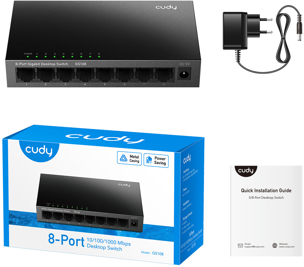 Fekete 8 portos asztali switch, hálózati adapter, doboz és gyors telepítési útmutató.
