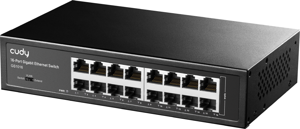 Fekete 16-portos Gigabit Ethernet switch. Cudy és GS1016 címkék láthatók.