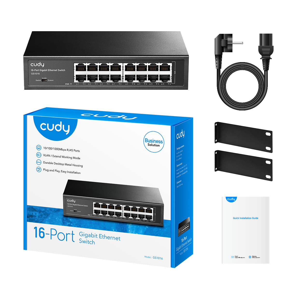 Fekete Cudy 16 portos Gigabit Ethernet Switch dobozzal, kábelekkel és gyors telepítési útmutatóval.