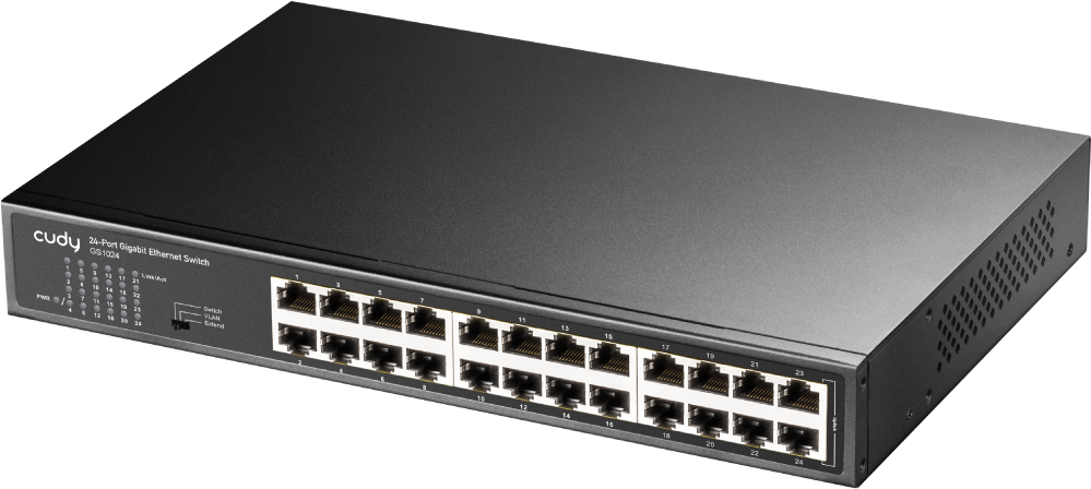 24 portos gigabit ethernet switch. Több port látható az előlapon.