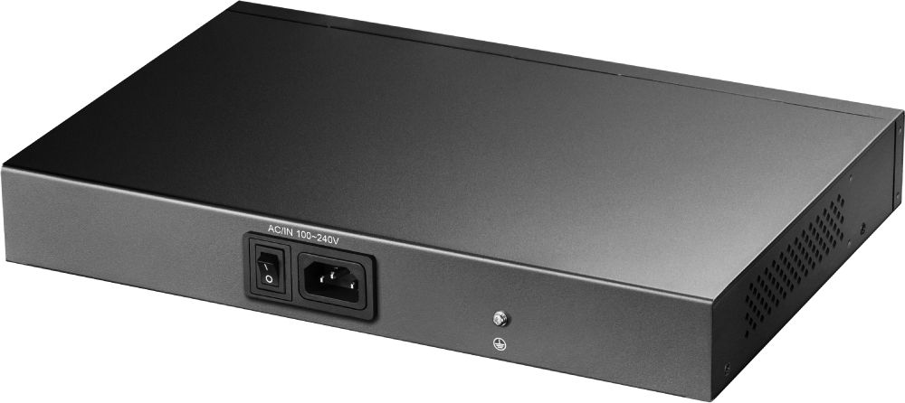 Fekete hálózati switch hátulja, a bemenettel és a kapcsolóval.