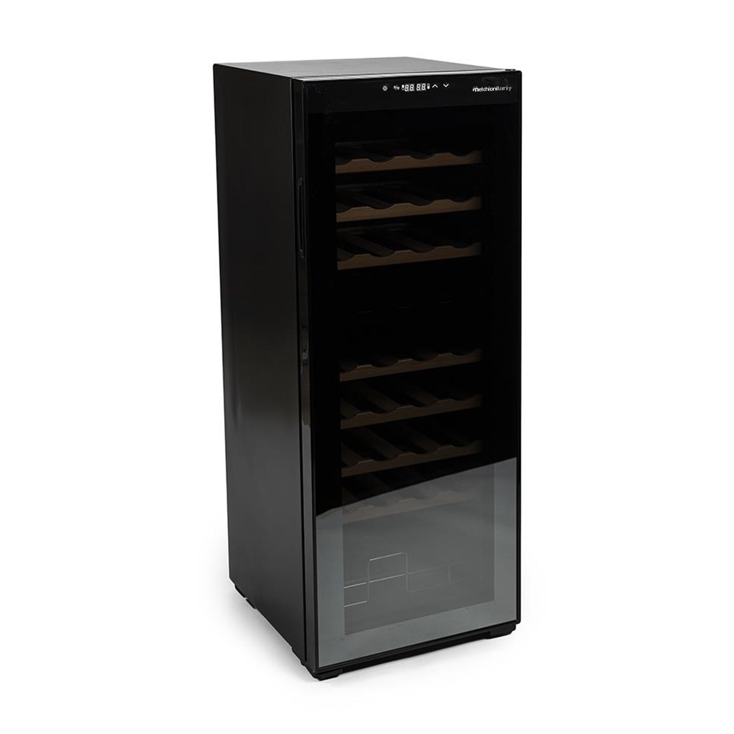 Frigorifero per vino alto, nero, con porta in vetro e ripiani in legno.