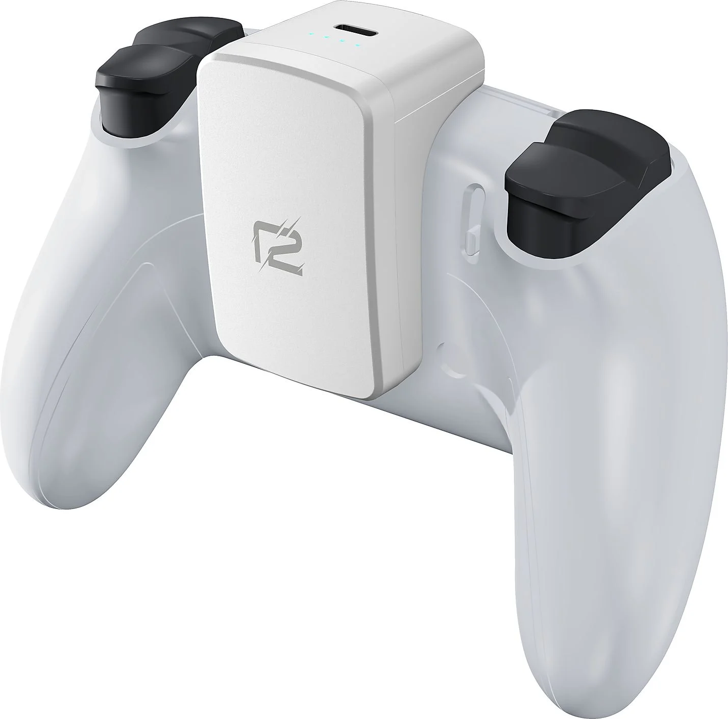 Une manette blanche avec une fixation de chargement. La fixation a des lumières bleues et un logo.