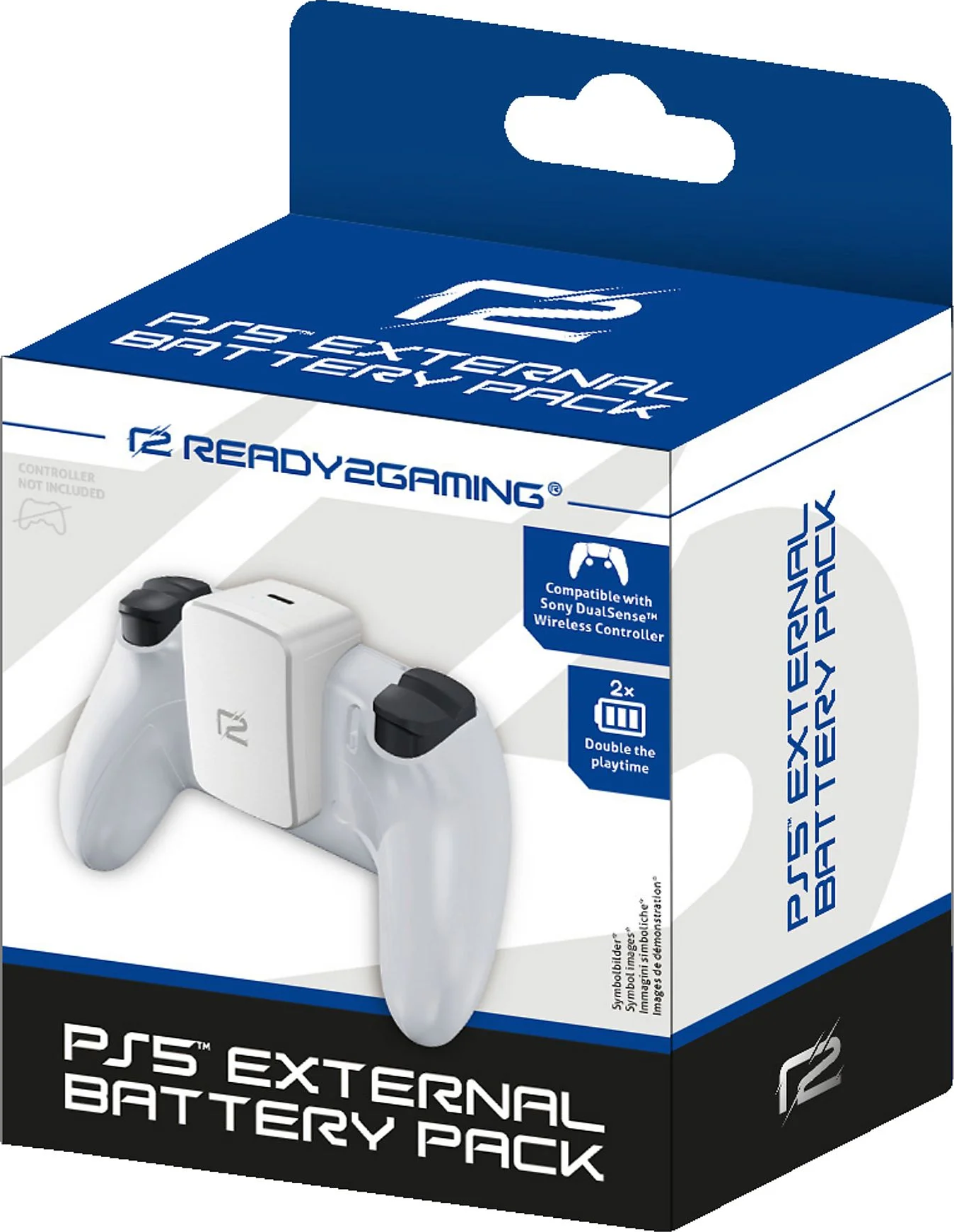 Une boîte blanche et bleue de batterie externe PS5 avec une manette blanche et une batterie blanche.