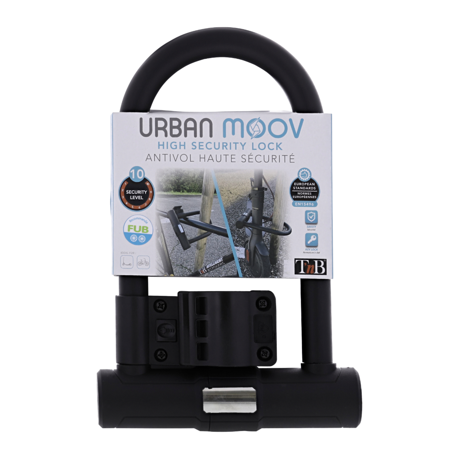 Zwart U-slot met beugel, wit label met 'Urban Moov' en veiligheidsinfo.