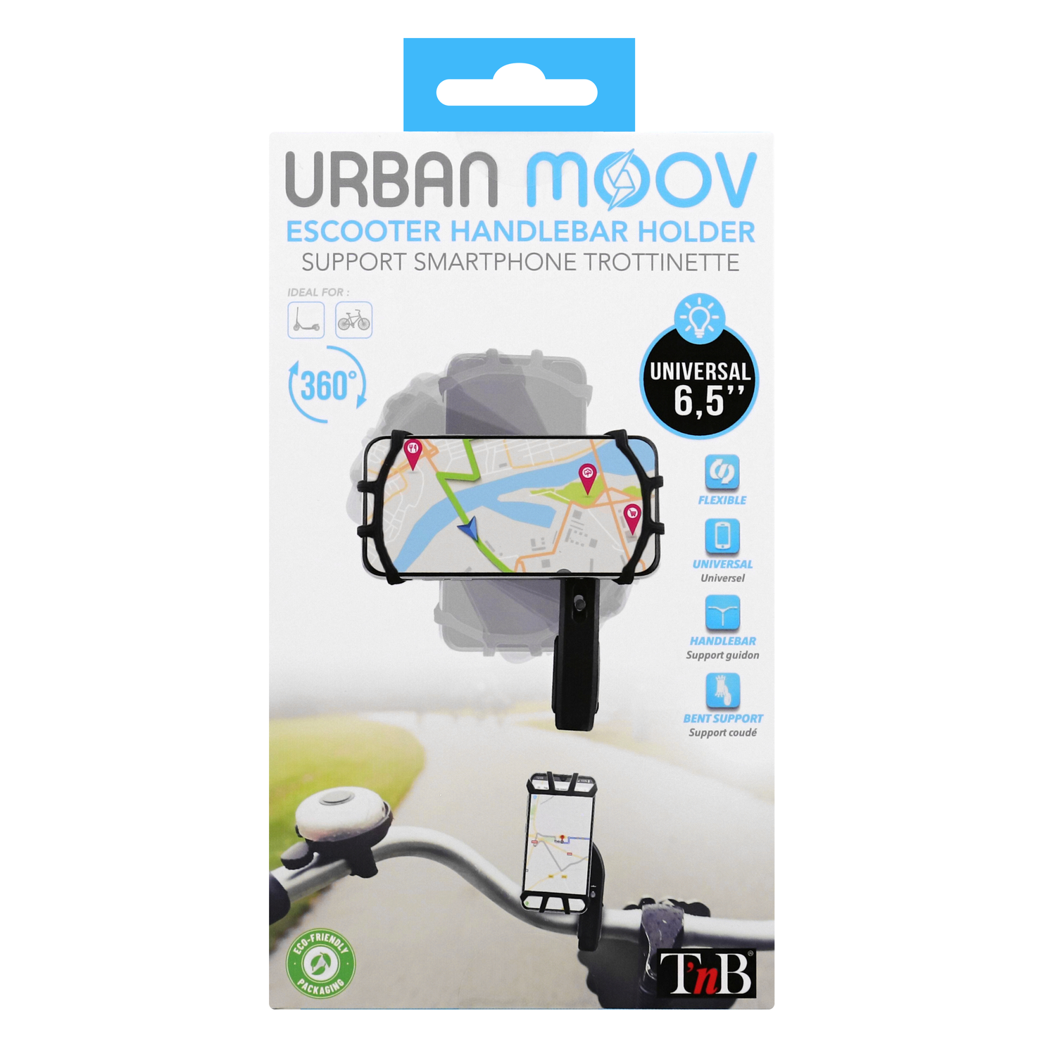 A smartphone holder for a scooter handlebar with a map on the screen.