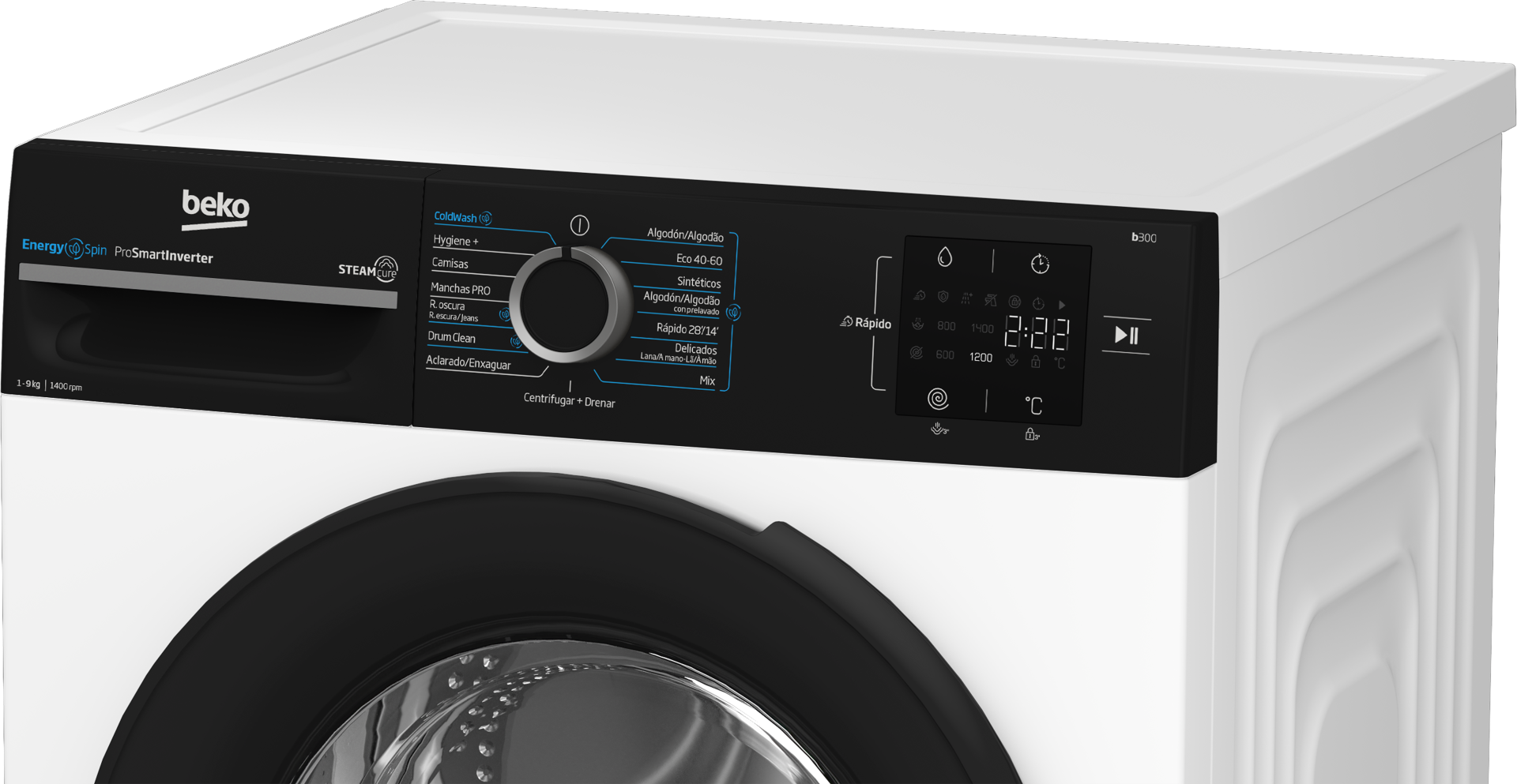 Panel de control de lavadora con pantalla negra y cuerpo blanco.