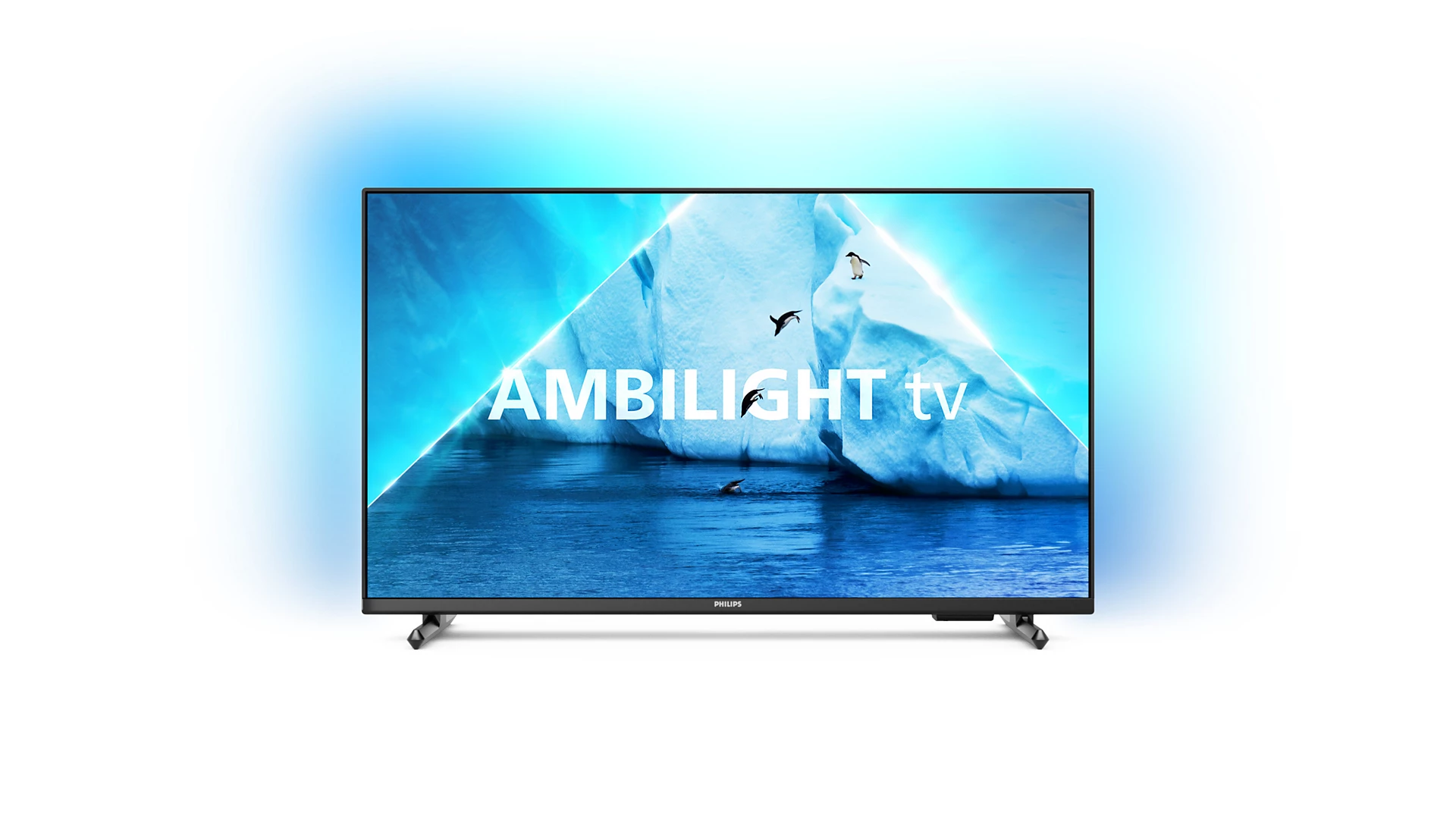 Pantalla de TV que muestra una imagen de iceberg azul con pingüinos y la palabra AMBILIGHT.