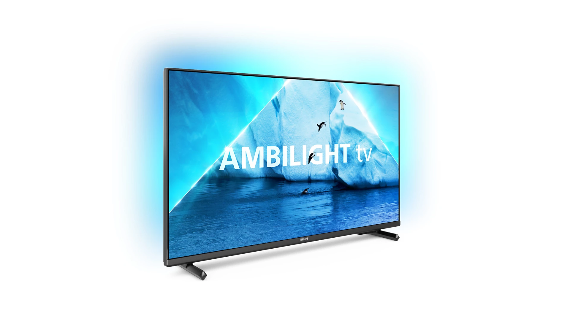 Televisor grande con fondo azul y blanco, vista en ángulo.