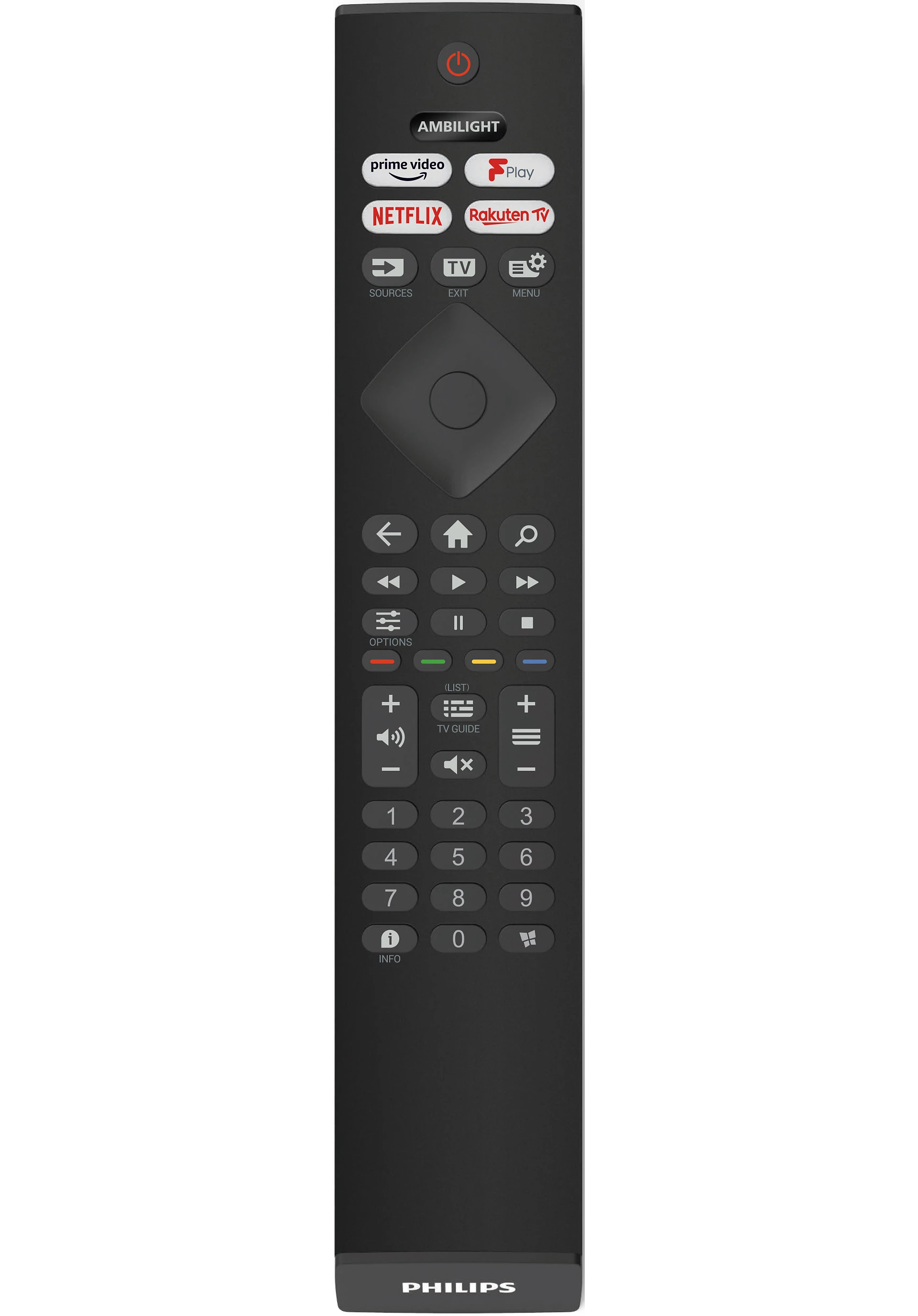 Un mando a distancia Philips negro con varios botones, incluyendo Netflix y un teclado numérico.