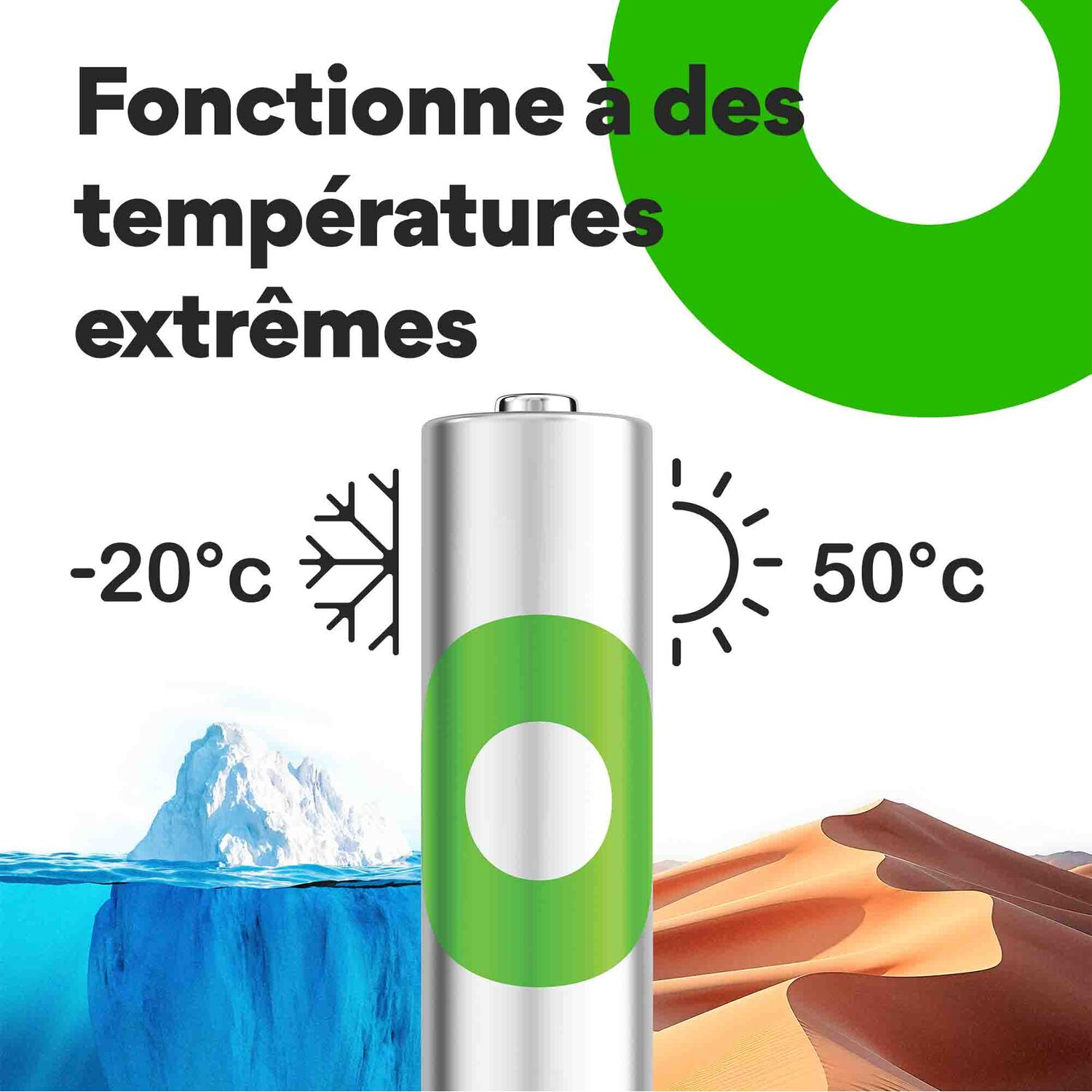Batterie avec icônes de glace et de soleil, plage de température : -20°C à 50°C. Le texte dit 'fonctionne à des températures extrêmes'.