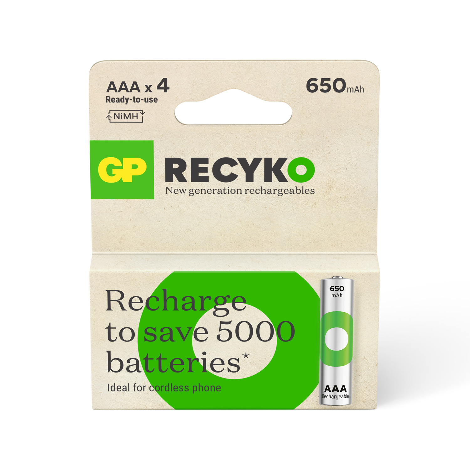 A pack of AAA rechargeable batteries with a label.
