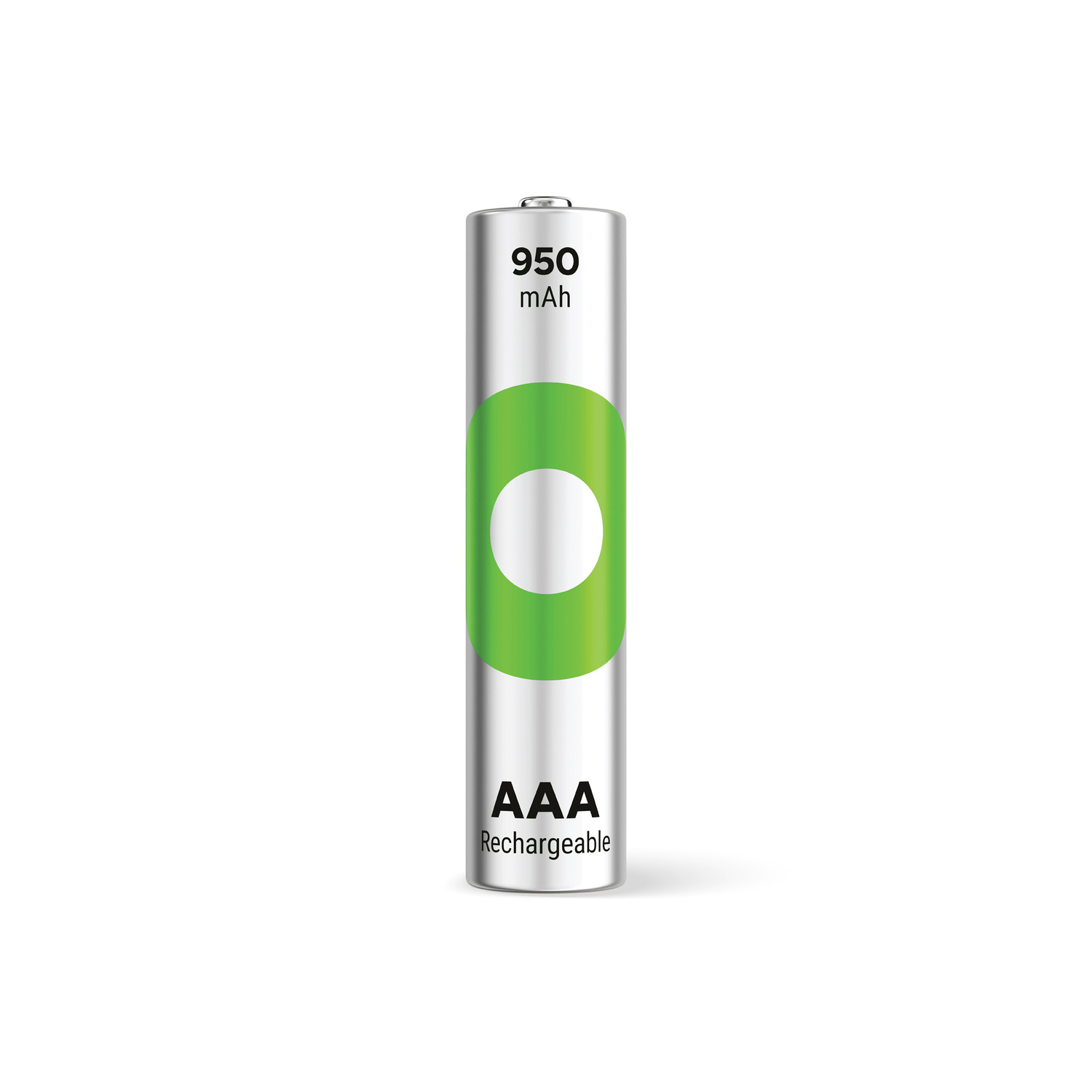 Silver AAA rechargeable battery with a green and white circle on it. White background.