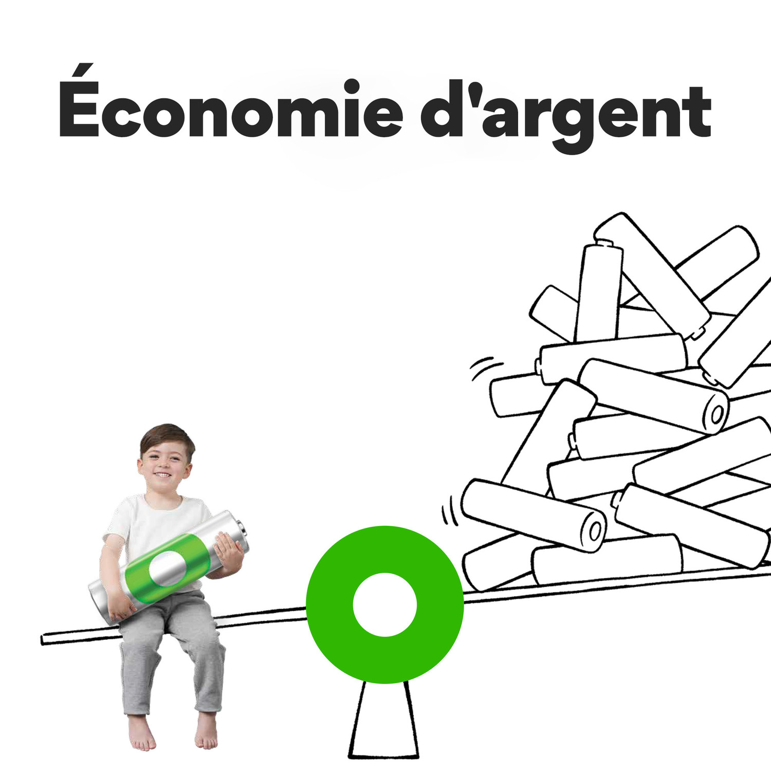 Garçon avec grosse pile sur bascule avec piles. Texte : Économie d'argent